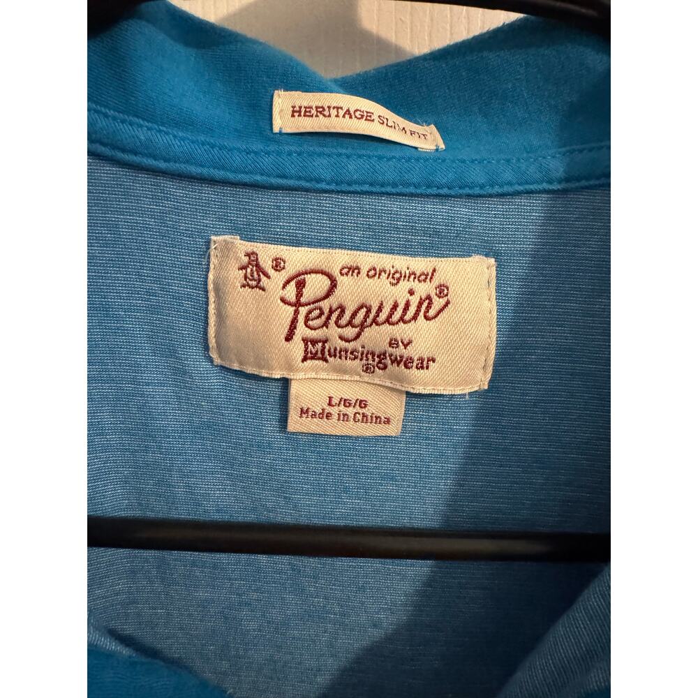 Original Penguin by Munsiingwear Heritage Slim Fit Chest Stripe Golf Polo Blue L - Picture 2 of 5
